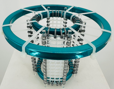 Fully Assembled Hydro Crib System 8in Outer Ring With 4in Inner Rings, Teal Finish, Grey/White zip ties, Clear Mesh, Air Pump, Bubbler Installed, Hydro Light and Disc, Plant Food, and Siphon Hose